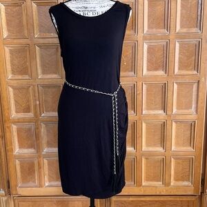 Loves, Fire Black Cotton Sleeveless Dress with Chain Belt Crimped Side Large